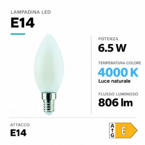 Life lampadina led e14 candela 6.5w 4000k 806lm vetro bianco milky