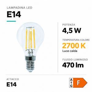 Lampadina minisfera led 4.5w e14 2700k 470lm vetro trasparente