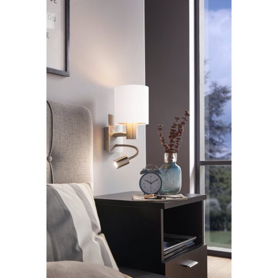 Eglo pasteri applique per comodino camera da letto led 3.8w 3000k nichel opaco paralume bianco