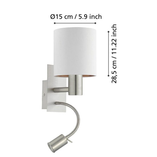 Eglo pasteri applique per comodino camera da letto led 3.8w 3000k nichel opaco paralume bianco