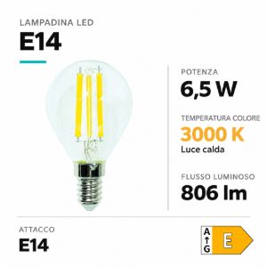 Life lampadina led e14 6,5w 3000k 806lm sfera vetro trasparente