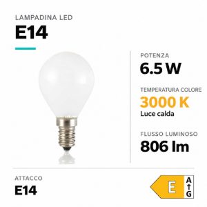 Life lampadina e14 led 6,5w 3000k 806lm mini sfera bianca  vetro milky