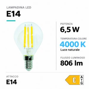 Life lampadina e14 led 6,5w 4000k 806lm sfera vetro trasparente