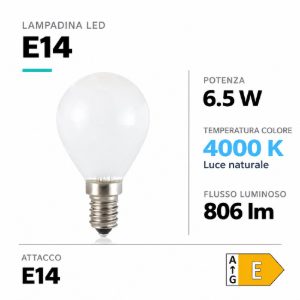 Lampadina e14 led 6,5w 4000k 806lm vetro bianco life mini sfera milky