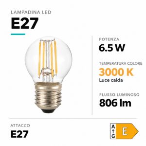 Life lampadina e27 led 6,5w 3000k 806lm sfera trasparente