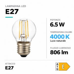 Life lampadina e27 led 6,5w 4000k 806lm minisfera vetro trasparente