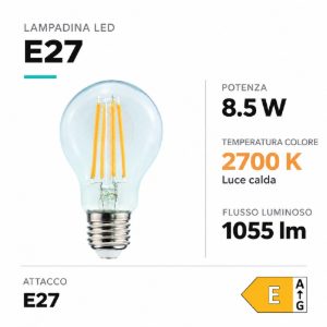 Life lampadina goccia e27 led 8.5w 2700k 1055lm vetro trasparente