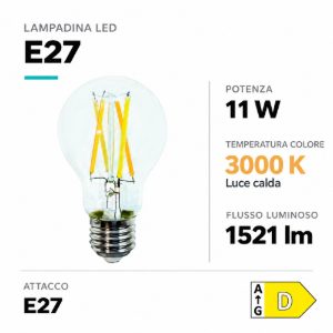 Life lampadina e27 led 11w 3000k 1521lm vetro goccia trasparente