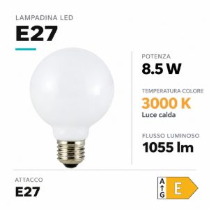 Life lampadina globo milky e27 led 8.5w 3000k 1055lm vetro bianco