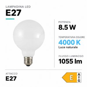 Life lampadina globo milky e27 led 8,5w 4000k 1055lm vetro bianco