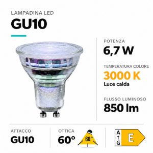 Lampadina gu10 led 6,7w di vetro 3000k ottica 60 850lm life