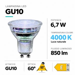 Lampadina gu10 led 6,7w vetro 4000k 850lm ottica 60 life