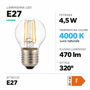 Life lampadina led e27 4,5w 4000k 470lm goccia vetro trasparente