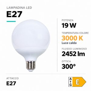 Life lampadina led globo e27 19w 3000k 2452lm ottica 300