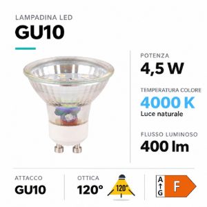 Lampadina gu10 led 4,5w 4000k ottica 120 dimmerabile