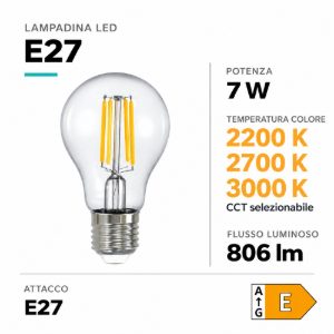Lampadina led e27 7w cct 3000k 2700k 2200k dimmerabile