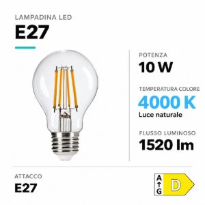 Lampadina e27 led 10w 4000k 1520 lumen vetro trasparente toplight