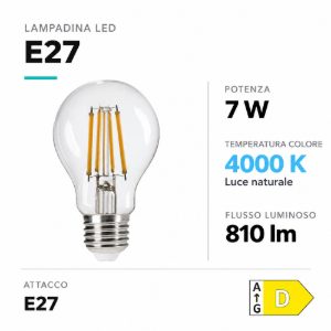 Lampadina e27 goccia trasparente led 7w 4000k ottica 320 toplight