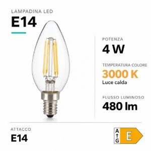 Lampadina e14 led 4w 3000k oliva trasparente filamento ideal lux
