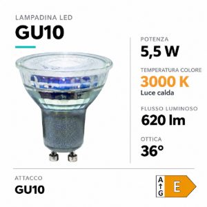 Life lampadina di vetro gu10 led 5,5w 3000k 620lm ottica 36