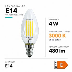 Confezione n10 lampadine e14 led 4w 3000k oliva trasparente ideal lux
