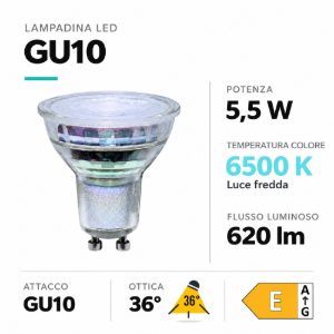 Life lampadina di vetro led gu10 5.5w 6500k 620lm ottica 36