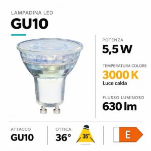 Life lampadina led gu10 5,5w 3000k 630 lumen ottica 36 dimmerabile