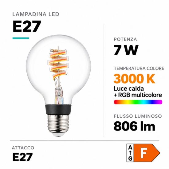 Eglo lampadina connect z lampadina trasparente led 7w rgb 3000k e27 8cm dimmerabile