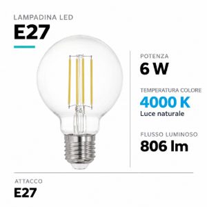 Lampadina led 6w e27 4000k dimmerabile bluetooth 806lm sfera vetro trasparente fp eglo