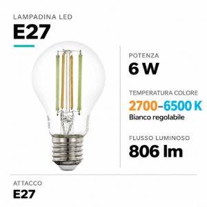 Lampadina e27 led 6w dimmerabile cct 2700k a 6500k bluetooth  goccia trasparente eglo