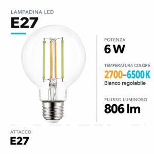 Lampadina led e27 6w cct 2700k a 6500k dimmerabile vetro trasparente bluetooth eglo connect