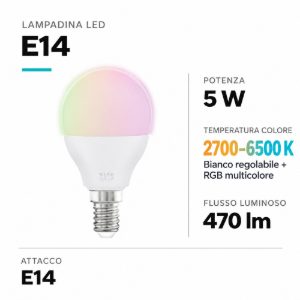 Lampadina e14 led 5w rgb dimmerabile sfera cct da 2700k a 6500k app bluetooth