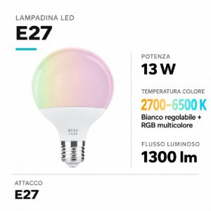 Lampadina e27 led globo 13w rgb dimmerabile cct da 2700k a 6500k 1300lm bluetooth eglo