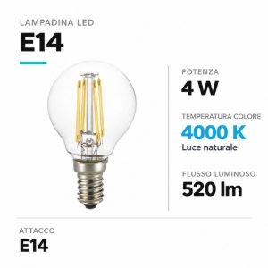 Lampadina led e14 4w 4000k minisfera vetro trasparente ideal lux