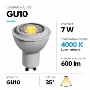 Lampadina bianca gu10 led 7w 4000k 600lm ottica 35 dimmerabile 220v