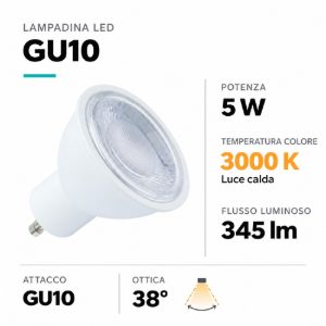 Lampadina led gu10 5w 3000k 220v 345 lumen ottica 38