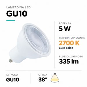 Lampadina gu10 led 5w 2700k ottica 38 335lm