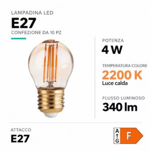 Confezione n10 lampadine e27 led sfera 4w 2200k ambra ideal lux