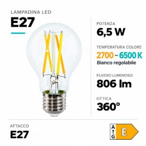 Lampadina led e27 6,5w 806lm life vetro cct 2700k-6500k bluetooth dimmerabile
