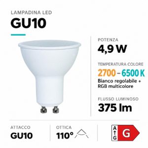 Lampadina gu10 led 4.9w rgb dimmerabile cct da 2700k 6500k bluetooth