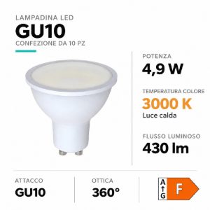 Confezione 10 lampadine gu10 led 4,9w 3000k ottica 360