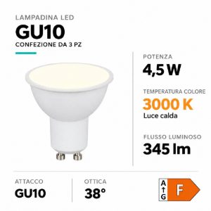 Confezione da 3 lampadine gu10 led 4,5w 3000k ottica 38