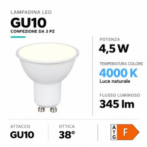Confezione 3 lampadine led gu10 4,5w 4000k ottica 38