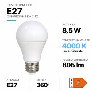 Confezione 3 lampadine e27 led 8,5w 4000k