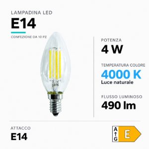 Confezione n10 lampadine e14 led 4w 4000k oliva trasparente ideal lux