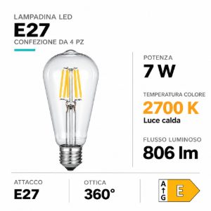Confezione 4 lampadine led e27 7w 2700k