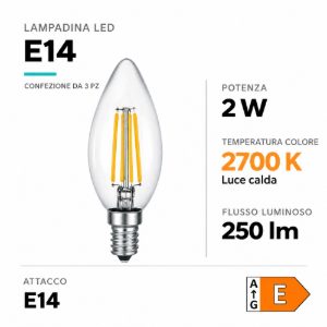 Confezione 3 lampadine e14 led candela 2w 2700k