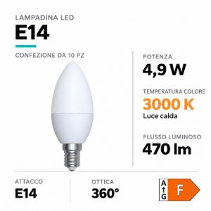 Confezione 10 lampadine e14 led 4,9w 3000k