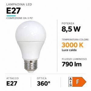 Confezione 3 lampadine led e27 8,5w 3000k
