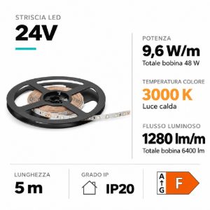Bobina 5mt striscia led per interni 9,6w-mt 3000k 24vdc gea luce